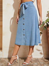 Button Front Flare Denim Skirt with Self Waist Tie Sai Feel